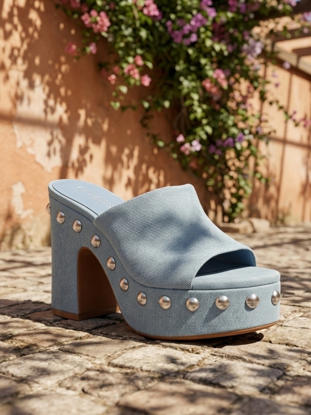 Chelsea and Violet Women's Alliah Denim Studded Platform Sandals, Size 9